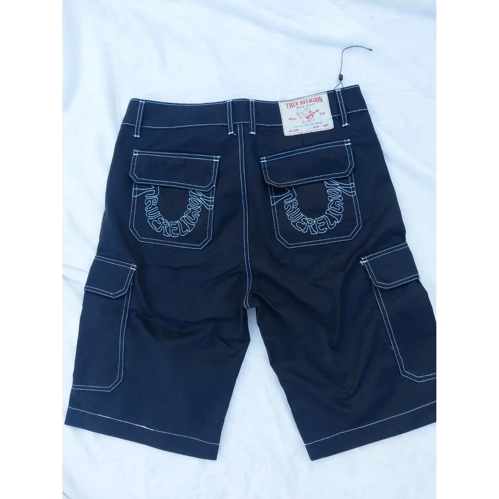 New True Religion Men's Black Denim Cargo Shorts Contrast Stitch Zip Baggy Skate